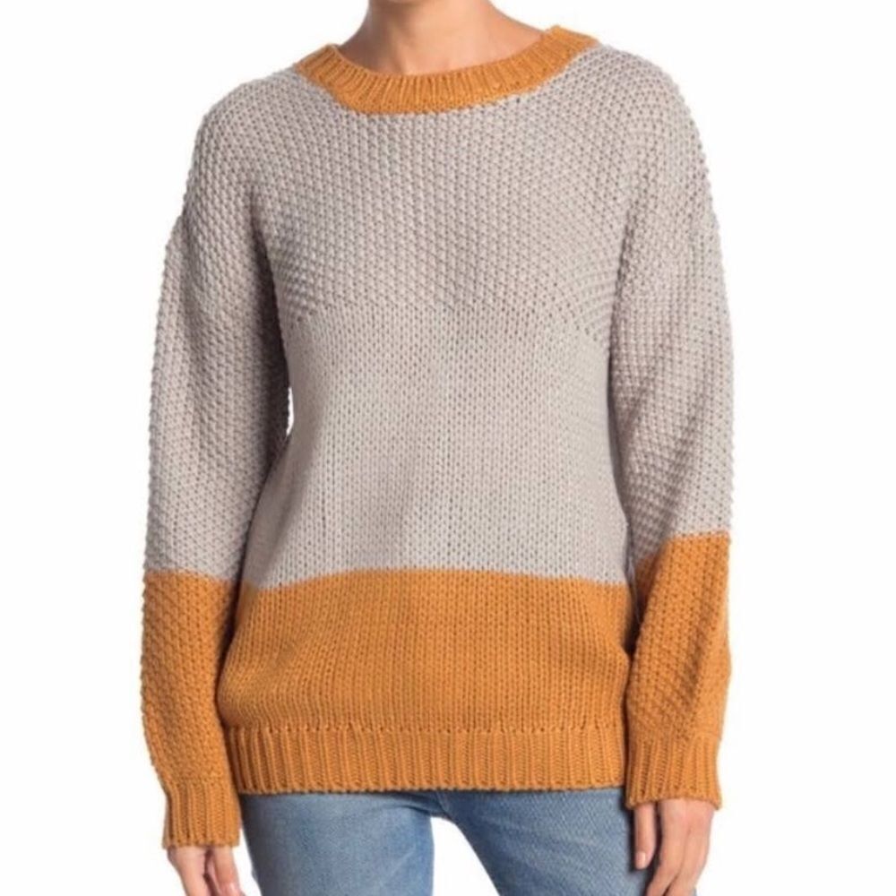 Elodie CrewNeck Colorblock Chunky Knit Sweater Balloon Sleeve Gray Mustard S